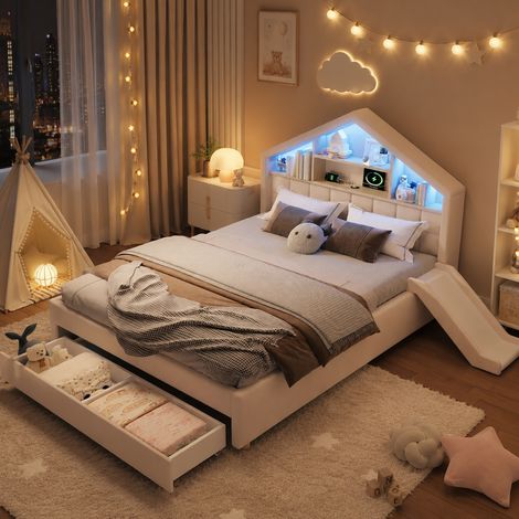 MODFU – Letto per bambini 140x200 cm in velluto con scivolo reversibile, LED, porta di ricarica, testiera a casetta e contenitore – Beige (1/5)