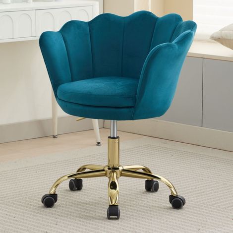 Wahson Bürostuhl höhenverstellbar Weicher Samtbezug, Blütenform Goldener Sockel höhenverstellbar mit Rollen ideal für Schminktisch& Schlafzimmer, Türkis