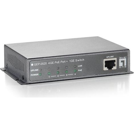 LevelOne GEP-0520 conmutador PoE Gigabit de 5 puertos, PoE 802.3af, 4 salidas PoE, adaptador de corriente incluido, 61.6 W (1/4)