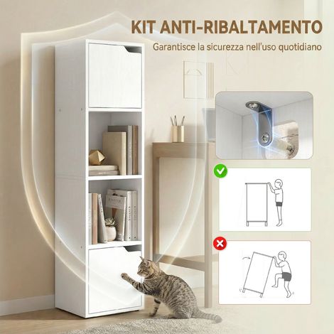 Bibliothèque design blanc, 4 tablettes, 2 compartiments fermés par portes, 30x29x119 cm