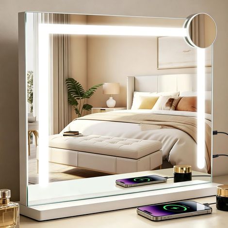 Miroir de Maquillage avec éclairage, 58 x 60 cm, Coiffeuse avec lumière, LED tactile à intensité variable, 3 modes de couleur, grossissement 5 fois, port USB (1/5)