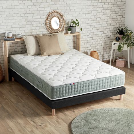 Ensemble matelas Ressort 7 zones HYGGE + Sommier + couette + oreillers Fabriqué en France 140 x 190 Sommier Noir (1/5)