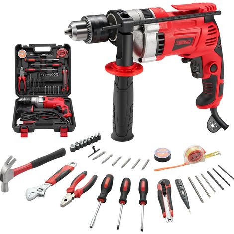 Teeno – Perceuse à percussion électrique 910W – Vitesse variable 0-3000 tr/min – Mandrin 13mm – Accessoires complets pour métal, bois et béton