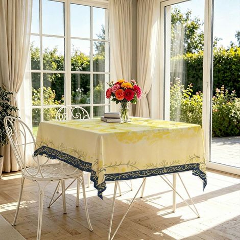 Nappe imprimée citron à base jaune rétro et bordure bleue, nappe de table estivale, résistante et antitache pour les fêtes et les repas de famille. (1/4)