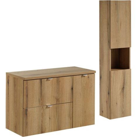 Badezimmer-Set VANO Eichenoptik 120cm: Waschtischunterschrank mit Schubladen und Schränken + Waschtischplatte + Hochschrank