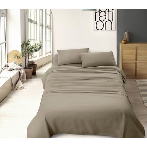 Set Lenzuola 100% Cotone Di Flanella Completo Letto Made In Italy Anti-Pilling Tinta Unita Lenzuolo Sopra Sotto Federe Tortora - Francese