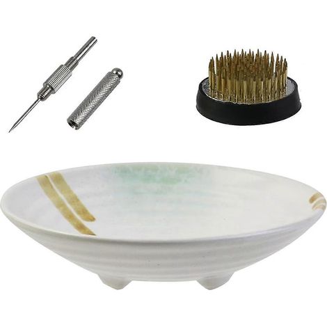 Kit vase Ikebana, bol Ikebana en céramique et kenzan à fleurs en métal, avec outil de redressement d'aiguilles vert
