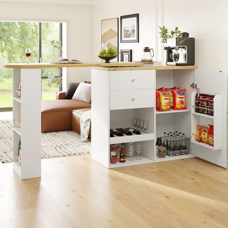 Tavolo bar girevole in MDF bianco con cassetti e ripiani, 138x39x104 cm