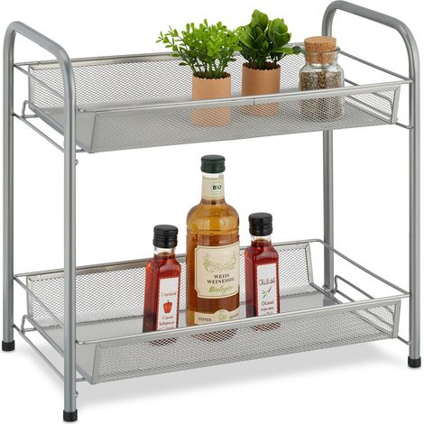 Relaxdays Spice Rack, 2 Levels, Table Shelf for Kitchen & Bathroom, Make-Up, Perfume, Metal Shelf, 44.5x48x27cm, Silver