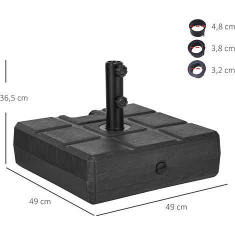 Pied parasol carré HDPE noir, remplissable sable/eau pour Ø32/38/48mm (1/5)
