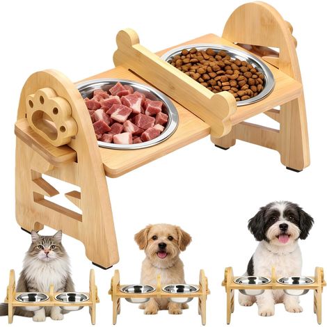 Gamelle Chien Surelevee de 6 Hauteurs Ajustables, Gamelle Surelevee pour Chien, Support de Gamelle en Bambou avec 2 Gamelles en Acier Inoxydable Support de Gamelle Surélevé pour Petits Chats et Chiens (1/5)