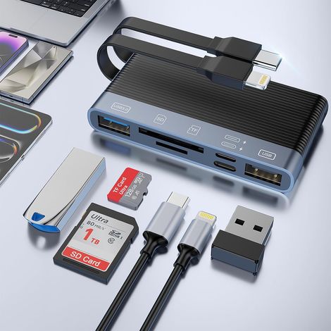Lecteur de cartes SD 6 en 1, adaptateur USB-C et Lightning vers SD et microSD, mémoire externe USB OTG pour cartes microSDXC, microSDHC, SDXC, SDHC et SD