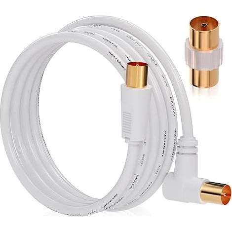 0.5m TV Aerial Cable, Coaxial 75 Ohm, IEC 9.5mm Male to Male 3C2V Copper Double Shielded Angled Connector Female to Female Adapter Included White (1/5)