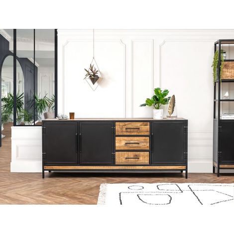 Bobochic – Buffet 3 portes 200 cm en bois massif de manguier – Style industriel – 3 tiroirs – Finition laquée marron clair