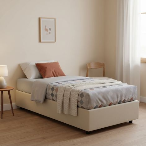 Talamo Italia - Letto singolo Avova, Letto contenitore con rivestimento in tessuto, 100% Made in Italy, Apertura frontale, con materasso Cm 80x200 incluso, Beige (1/5)