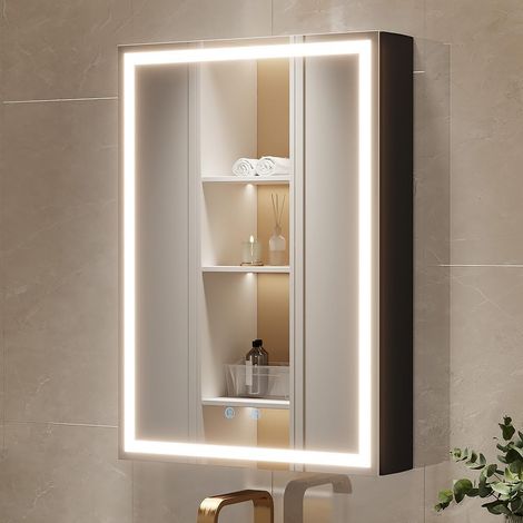 Armoire à Pharmacie Miroir LED modulaire avec Cadre en Aluminium Anti-buée, éclairage réglable, Prises intégrées et Ports USB – à Fixer au Mur (20x28 Armoire à charnière Gauche à LED) (1/5)