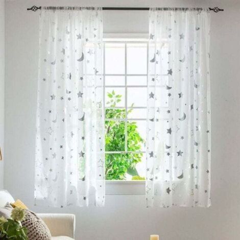 Rideaux enfants semi-transparents 1 m – 2 panneaux 1,3 m de large – Motif lune et étoiles – Tissu infroissable et léger (1/2)