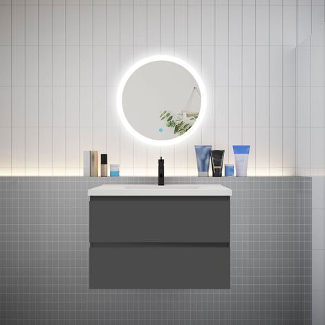 Ensemble meuble vasque L.79cm 2 tiroirs + lavabo + LED miroir rond 60cm,anthracite,aica