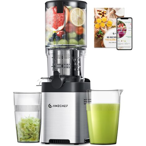 AMZCHEF Estrattore, Estrattore A Freddo Frutta E Verdura - Grande Scivolo Di Alimentazione Da 126 Mm, Estrattore Di Succo In Acciaio Inox Facile Da Pulire, Coclea Grande, Doppio Filtro
