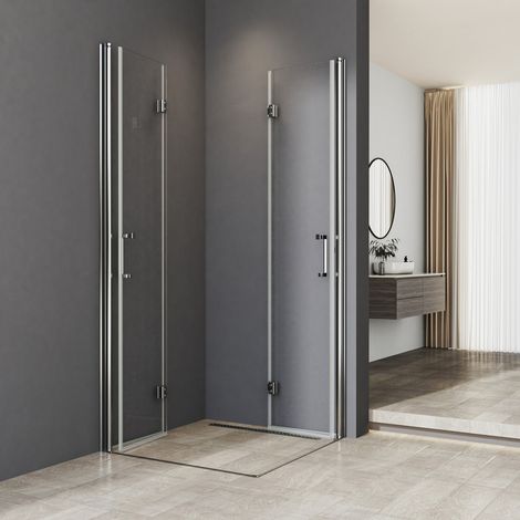 Duschkabine 90x90 cm Eckeinstieg Falttür 180° Rahmenlos Duschabtrennung Drehfalttür Dusche Eckdusche Faltbar Duschtür, 6mm Nano Beschichtung ESG Glas, Duschwand Höhe 195cm