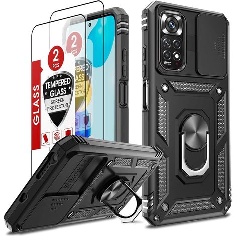 Coque pour Xiaomi Redmi Note 11/Redmi Note 11S 4G avec Protection Caméra Coulissant et 2 Verre Trempé, Militaire Anti-Chute Bumper Antichoc Anti-Rayures PC et TPU Housse Etui Support Rotatif Noir (1/5)