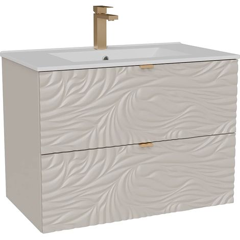 Mobile lavabo sospeso testurizzato con lavabo da incasso e rubinetto Beige 80 cm - RINAREL (1/5)