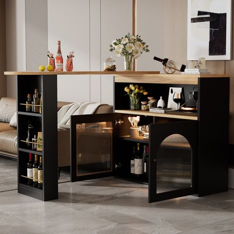 Modern Extendable Kitchen Island Table (138-193X39X105CM), Extendable Dining Table with Storage, Bar Bistro Table, Swivel, for Dining Room, with 1m LED Strip (Adjustable Light Colour),Schwarz
