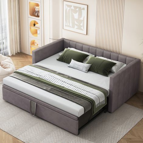 Lit gigogne 90/180x200 cm, sommier à lattes, en velours, motif à rayures verticales, sans matelas, gris