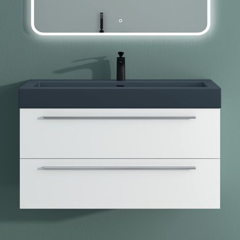 Mai & Mai Meuble de Salle de Bain Blanc Mat 100cm Meuble sous Vasque Quadratto Meuble Suspendu avec Vasque (1/5)