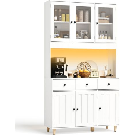 Sideboard Bealife Küchenschrank Höhe 180 cm verstellbare Regale 3 Glastüren 3 Schublade Vorratsschrank Küche mit Anti-Kipp-Design Weiß