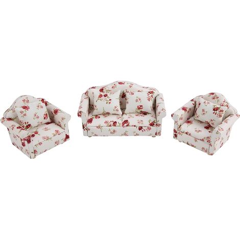 Canapé Miniature Modèle Fleuri avec Coussins Dos pour Maison de Poupée 1/12 (1/5)