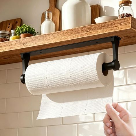 Porte-rouleau de cuisine en métal noir à fixer sous un meuble Porte-rouleau de cuisine autoportant, à fixer au mur, porte-essuie-tout autocollant pour salle de bain et salon, robuste (1/5)
