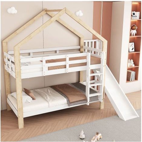 Lit Superposé Enfant 90x200 cm - avec Toboggan et Échelle - lit Superposé - Forme Cabane en Bois Pin Blanc et Naturel Design Ludique (1/5)