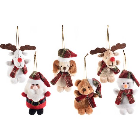 Addobbo per l'albero a forma di renna, pupazzo di neve, cagnolino, orsetto e Babbo Natale. In peluche da appendere, set da 12 pezzi, cm 6 x 4 x 10 H