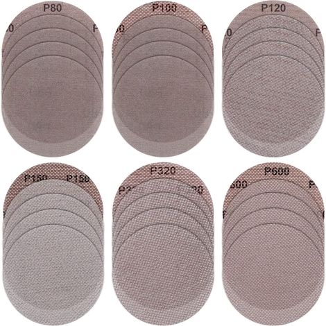 30 PCS Disques de ponçage en maille, Coussinets de ponçage à mailles 80 100 120 150 320 600 Assortiment de grains Papier abrasif sans poussière pour le polissage des voitures et des meubles en bois (1/5)