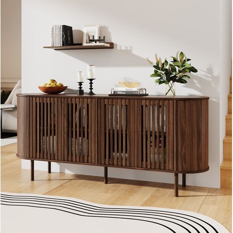 160x40x70cm Sideboard aus MDF mit 4 perforierten Schiebetüren, moderner Kommode mit verstellbaren Einlegeböden und stabilen Metallbeinen, Wohnzimmer Buffet-Schrank für Flur, Esszimmer,Walnussholzfarbe (1/5)