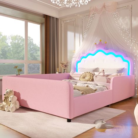Lit capitonné, 140 x 190 cm, sans matelas, avec bande lumineuse LED, lit princesse en forme de couronne, barrière de sécurité, PU, rose, lit cabane enfant, cadre robuste pour usage quotidien (1/5)