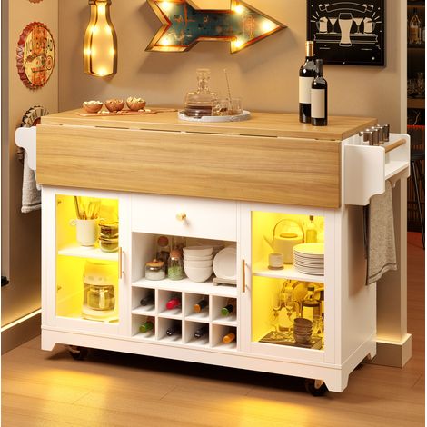 Carrello da cucina bianco con LED RGB, piani ribaltabili, portabottiglie e ruote (1/5)