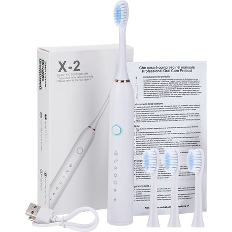 (Blanc) Brosse à dents électrique 6 modes, convient aux adultes et aux enfants, étanche et rechargeable. (1/5)