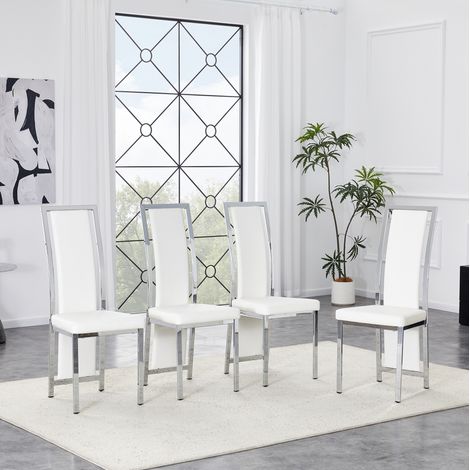 REDOM - Set di 4 sedie da pranzo, schienale alto e curvo, struttura in metallo argentato, rivestimento in PU bianco (1/5)