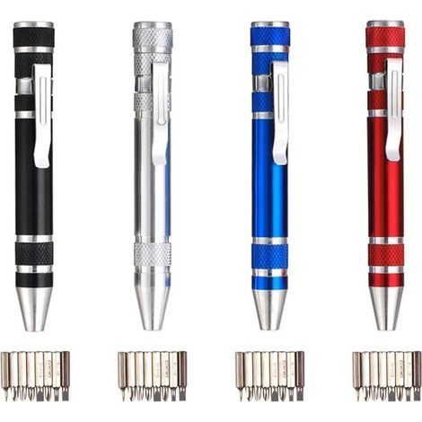 Jeu de 4 mini-tournevis multifonction 8-en-1 en aluminium, embouts fendus et Phillips, pour réparation électronique et bricolage maison – Rouge, Bleu, Argent, Noir (1/4)