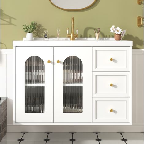 Mueble lavabo suspendido 80x50x58 cm de MDF blanco con almacenaje para baño FloraGrace (1/5)