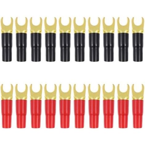 Lot de10 Paires Cuivre Or Plaqué Cosse Fourche Adaptateurs Haut- Parleur À Sertir Barrière Pique Connecteurs Bouchons (Rouge Et Noir) (1/5)