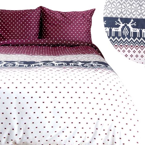 Weihnachtsbettwäsche-Set 180x200 BAUMWOLLFLANELL MIT FUSCH, Rentier und Punkten (1/5)