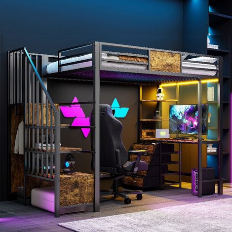 Lit mezzanine avec bureau 90x200 cm, étagères et penderie, lit surélevé métal noir avec prise et LED, gain de place pour adulte et étudiant (1/5)