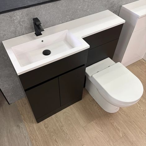 Waterproof Vanity Suite 1100mm Basin Toilet Unit L Shape Black Modern Left Hand, With Black Tap