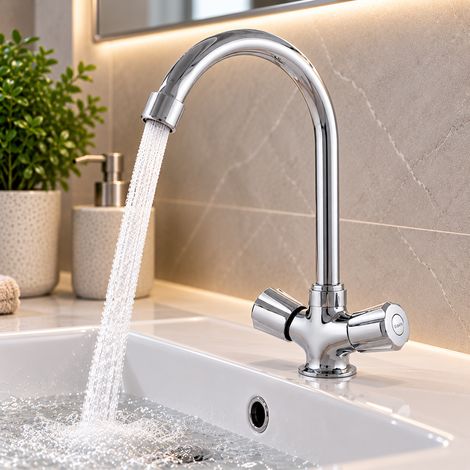 Grifo Lavabo Aleación Zinc, Cromado, Agua Caliente-Fría, Latiguillos, Caño Alto, Bimando [QLI-FA938 (1/5)