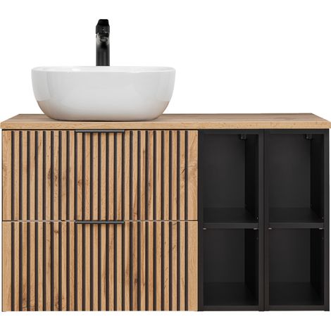 Badezimmer Waschtisch 100 cm schwarz gerillt mit Regalen XANTEN-56 in anthrazit mit Eiche Nb., B/H/T: ca. 100,6/73,7/46,5 cm (1/5)