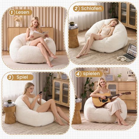 Fauteuil poire moelleux et confortable pour adulte et enfant, très doux et pelucheux, idéal pour le sol, parfait pour jouer, lire et se détendre - Taille moyenne (Couleur crème) (1/5)
