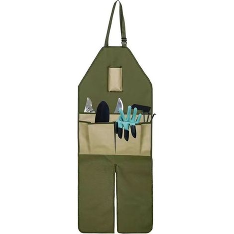 Tablier de jardinage en tissu Oxford 600D imperméable, long et ajustable, avec protection des jambes et multiples poches pour la cueillette et la taille, idéal pour les travaux extérieurs. Vert avec p (1/5)